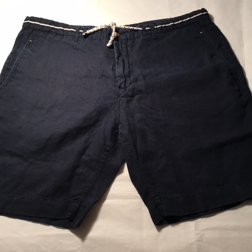 Zara Man XL Navy Bermuda Shorts Linen Zip front 4 Pockets  Rope Tie Belt
